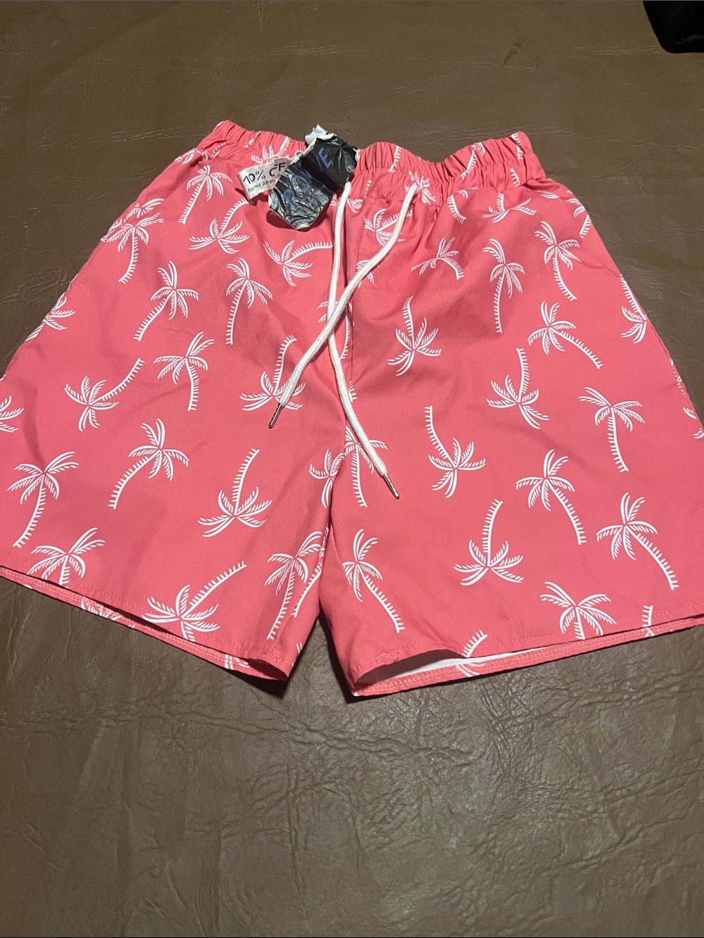 ROMWE Coral Swim Trunks with White Palm Print